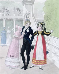 A dandy being courted by two masked women from the series Le Bon Genre