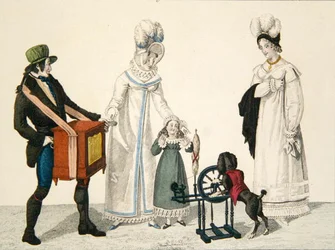 A dog playing with a spinning wheel accompanied by a music box, plate 85 from 