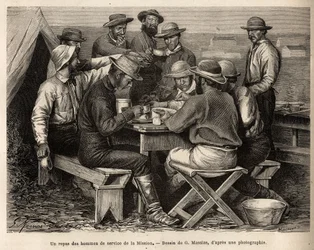 A meal of the men of service of the mission of 1872, at the camp site, before the first field reconnaissance, engraved after the drawing of G. Massias, illustrating a set of geographic missions through the United States National Park