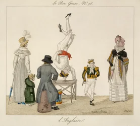 A performer standing on his head balancing on a glass, plate 96 from Le Bon Genre, c.1810