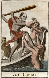 A representation of Charon (or Caron), walker of the Underworld, allowing the deceased to cross the river Acheron (or Styx). (Charon (or Kharon) is the ferryman of hell, he carries the souls in his boat across the river Acheron (or Styx)). From “My