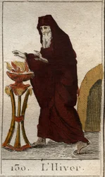 Representation of Winter as an old man warming himself by a fire. From 