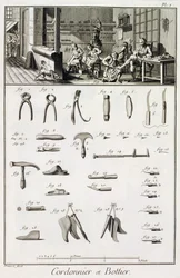 A shoe and bootmaker and their tools, from the Encyclopedie des Sciences et Metiers by Denis Diderot published c.1770