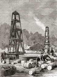 A source of petroleum at Oil Creek on the Allegheny River, Pennsylvania, U.S.A. in 1858, discovered by Edwin Laurentine Drake, aka Colonel Drake, from 