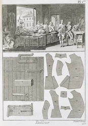 A tailors workshop and patterns, from the Encyclopedie des Sciences et Metiers by Denis Diderot published c.1770