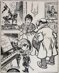 A Used Bronze, Caricature with Battleships, Sheet Music for Deroulede on the Piano and Statuette of Joan of Arc, 