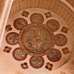 A view of a painted rosette in the western-most bay, south side
