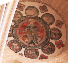 A view of a painted rosette in the western-most bay, south side