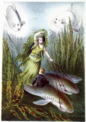 A Woman and a Boy Fleeing Giant Fish on Sharks - in 