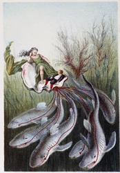 A Woman and a Boy on a Tank Led by Sharks - in 