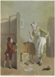 A Young Boy Hides Nervously Behind a Screen as a Young Woman Attempts to Coax Him Out