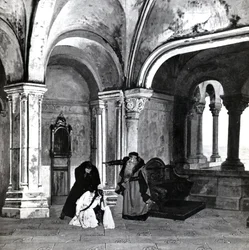 Act IV, Scene 2 of Pelleas et Melisande by Debussy (from a photograph of the first production in April, 1902 of the opera at the Opera-Comique in Paris, illustration in Theatre magazine, June, 1902)