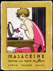 Advertising postcard for Malacéine beauty products, circa 1920