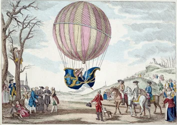 Aerostat: the second attempt to fly on a balloon. Climbing the hydrogenic gas balloon of Charles and Robert on the Prairie de Nesle, near Paris on 01/12/1783