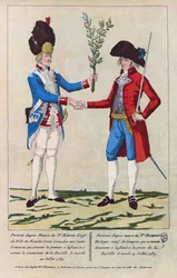 After nature portrait of Sieur Harne, Grenadier and Sieur Humbert, watchmaker. They were the first men to be attacked during the capture of the Bastille on 14 July 1789. Engraving from 1790
