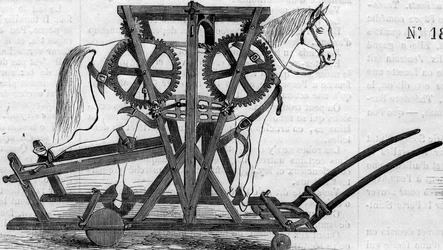 Agricultural machine: a suspension device (or portable work) used to immobilize horses or cattle before treating them. Machine presented at the Paris agricultural competition in 1860. Engraving in 