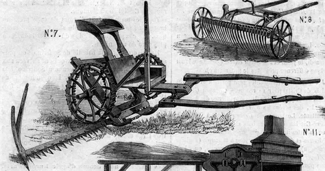 Agricultural machine: an American harvester mower presented at the Paris agricultural competition in 1860. Engraving in 