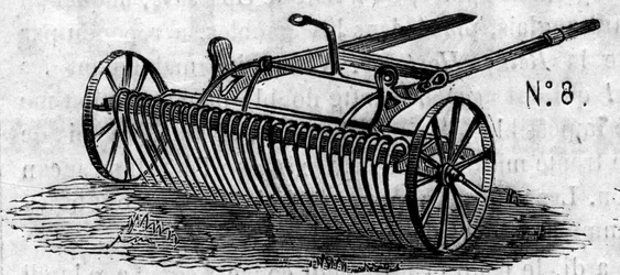 Agricultural machine: an English horse rake presented at the Paris agricultural competition in 1860. Engraving in Le Monde Illustré n°169 of 7 July 1860.