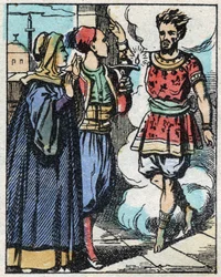 Aladin and his mother rubbed the magic lamp and made the genie appear. Engraving of the tale of Thousand and One Nights Aladin and the Wonderful Lamp. Epinal imaging, late 19th century. Private collection