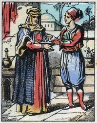 Aladdin Puts Sumptuous Diamonds in a Gold Cup and Sends His Mother to Offer Them to the Sultan to Propose to His Daughter. Engraving of the Tale of Thousand and One Nights 