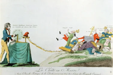 All fall down, the electricity generated by the Declaration of the Rights of Man during the French Revolution overturns the thrones and monarchs of Europe, c.1793