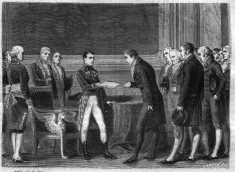 Allocation of the First Consul Bonaparte to the Swiss deputes of the Helvetic Republic by giving them the act of mediation in November 1802 - Engraving from 
