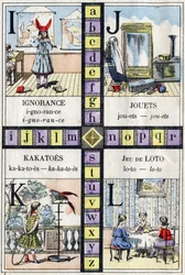 Alphabet and Letter I J K and L, Ignorance, Toys, Kakatoes and Lotto Game. ABC of the Little Girls. Epinal Imaging