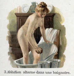 Bathing in a Bathtub with Two Buckets, One with Hot Water and the Other with Cold Water