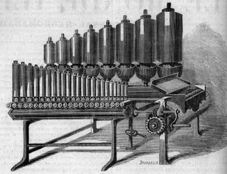 American steam organ. Engraving in 