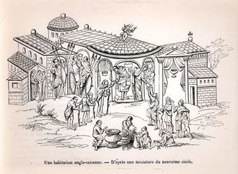 An Anglo-Saxon home in England before the arrival of the Normans, after a 9th century miniature