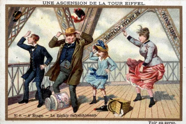 An Ascent of the Eiffel Tower: On the 2nd Floor, a Refreshing Zephyr - Chromo. Liébig, Early 20th Century