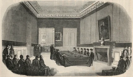 An exam in the boardroom of the School of Law in Paris - Engraving in 