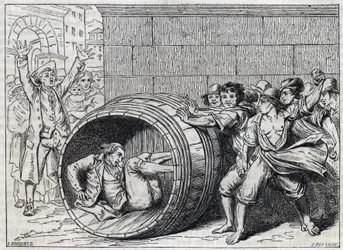 Antisemite persecution in the 17th century: a Jew rolls in a barrel by inhabitants of Rome. Illustration of 