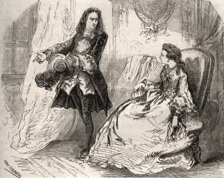 Armande Bejart (1641-1700), Wife of Jean-Baptiste Poquelin dit Moliere (1622-1673) with Her Lover, the Count of Guiche, Engraving of 1871 in 
