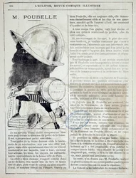 Article and cartoon on Eugene Poubelle, prefect of the Seine and inventor of garbage cans in 1884. Paris, police prefecture