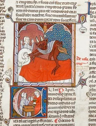 A devil or demon on the bed of a dead person, illustration from Digestum Vetus with gloss ordinaria, by Justinian, c.1300-10