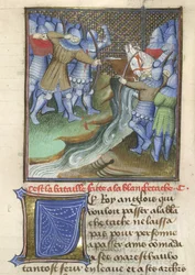 Medieval soldiers fighting, across a river, from Chroniques d
