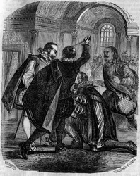 Attempted assassination of Jean Chastel on the King of France Henry IV on 27 December 1594. Engraving of the 19th century