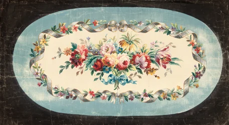 Aubusson design for a sofa back or seat back of sprays of mixed flowers within ribboned and floral borders