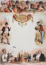 Background print for a menu depicting the five senses, late 19th century