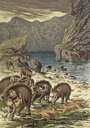 Battle between mammoths and sabre-toothed tigers, from Le Monde Avant la Creation d