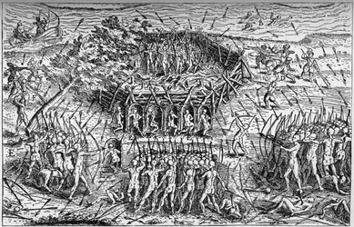 Battle between the French army of Samuel de Champlain and the Iroquois. Canada, early 17th century. Engraving in La Marine et les colonies: commerce
