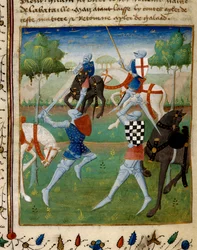 Battle between the knight Palamede and Artus (or Arthur) the little Miniature taken from the manuscript The novel of Tristan directed to the Master Charlkes of Maine