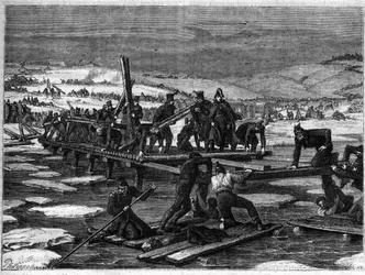 Battle of Berezina, 26th-29th November 1812, a catastrophic defeat for Napoleon during his retreat from Russia - Russian campaign, retreat: construction of two bridges over the Berezina by the bridge sappers of the Grande Armée under the responsibility of