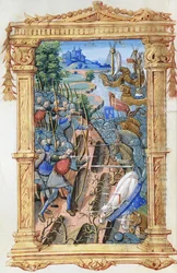 Battle scene between archers and cavalry, with castle and ships, c.1495-1500