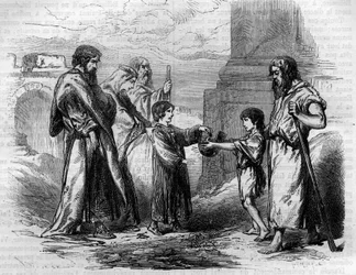 Belisarius (c.500-565) blind and begging by the order of Justinian, to whom he had given gold and the land of the sale. Engraving in "Histoire des Papes-Rois-Queen and Empereurs a travers les centuries" by Maurice Lachatre