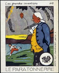 Benjamin Franklin, American politician and physicist (1706-1790) and the lightning rod (the kite experiment) - Label, early 20th century