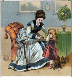 Berthe is crying because she just poked her finger while doing sewing work. Her mother scolds her for forgetting to use the sewing. Chromolithography taken from 