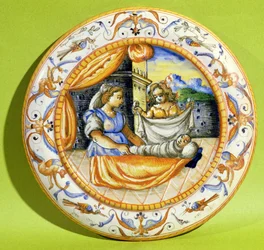 Birth plate depicting the newborn being wrapped in swaddling clothes, from Lyon