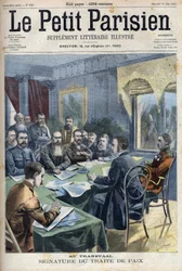 Boer War. The signing of the Transvaal peace treaty between Boer chiefs and British general Horatio Herbert Kitchener in Pretoria, South Africa. Engraving in 